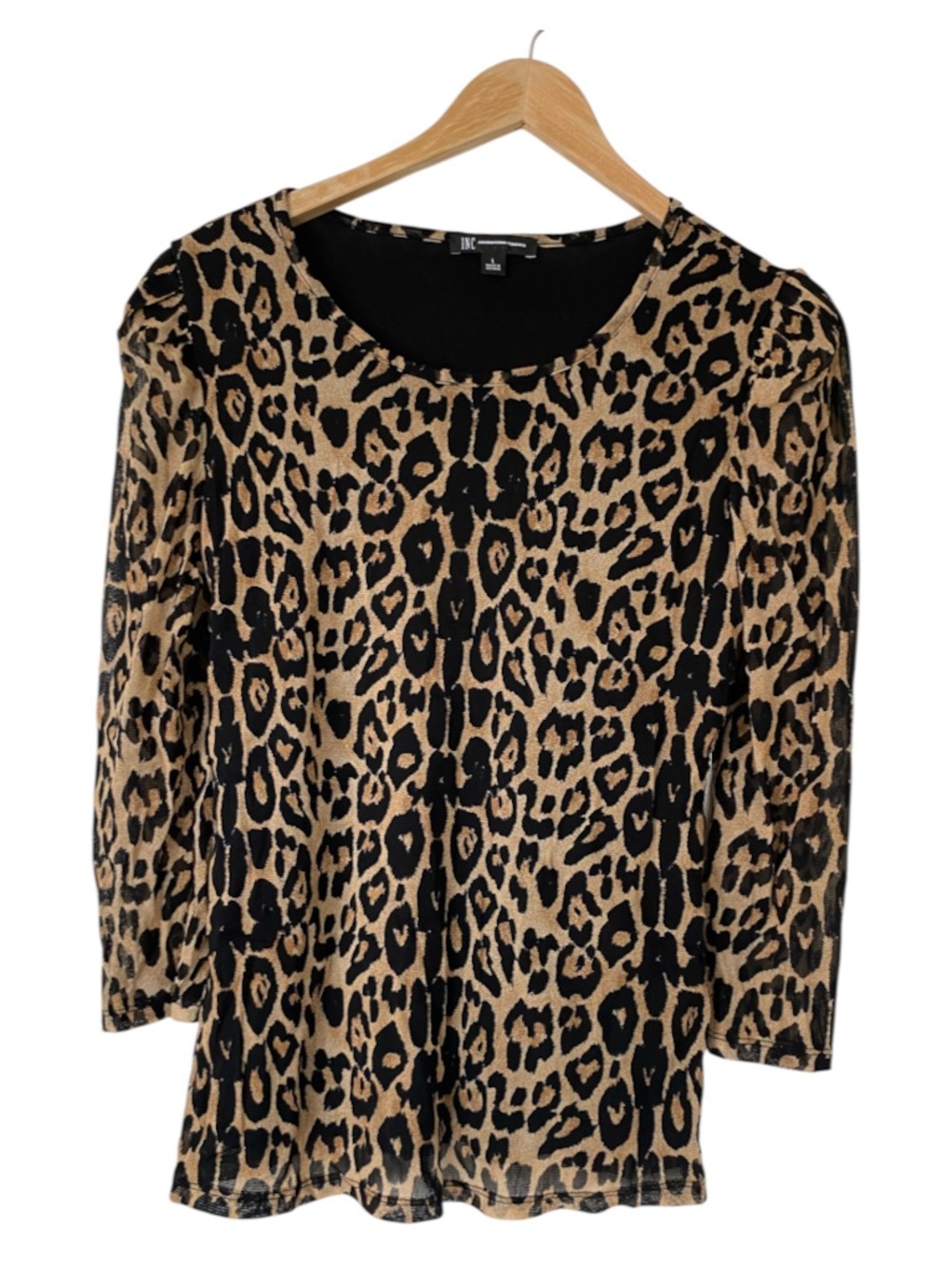 INC International Concepts Leopard Print Scoop Neck Black & Tan Blouse Size L